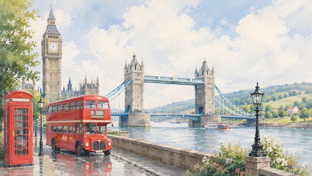 Bright watercolor-acrylic illustration of England travel landmarks with Big Ben red bus Tower Bridge and countryside, British travel destination art