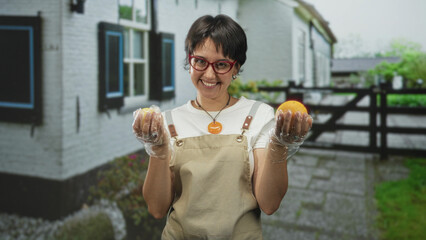 Fototapeta premium Woman in apron holding orange and lemon with gloved hands in front of a building, smiling with short hair and red glasses; homegrown joy.