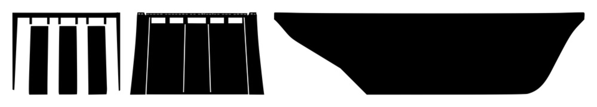 Hydroelectric dam icon set with solid black silhouette on white background featuring hydroelectric power, dam, reservoir with electricity and water