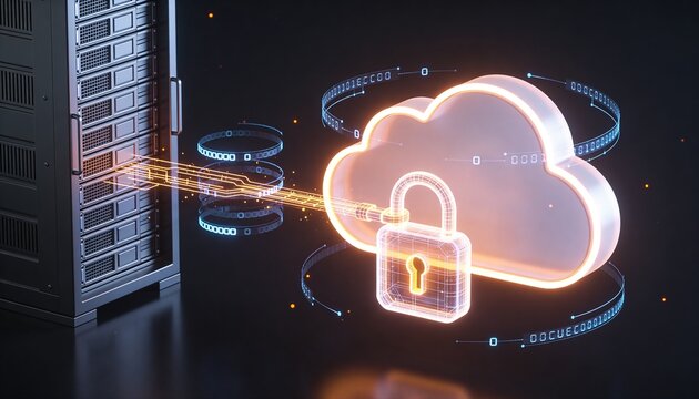 Glowing cloud storage object and secured server rack connected by floating encrypted data streams, luminous padlock binding both, minimalist clean 3D render, dark futuristic backdrop, vivid color sche