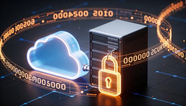 Glowing cloud storage object and secured server rack connected by floating encrypted data streams, luminous padlock binding both, minimalist clean 3D render, dark futuristic backdrop, vivid color sche