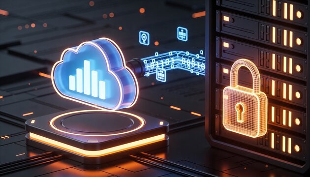 Glowing cloud storage object and secured server rack connected by floating encrypted data streams, luminous padlock binding both, minimalist clean 3D render, dark futuristic backdrop, vivid color sche