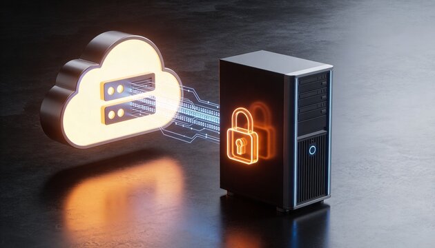 Glowing cloud storage object and secured server rack connected by floating encrypted data streams, luminous padlock binding both, minimalist clean 3D render, dark futuristic backdrop, vivid color sche