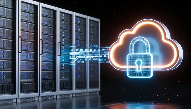 Glowing cloud storage object and secured server rack connected by floating encrypted data streams, luminous padlock binding both, minimalist clean 3D render, dark futuristic backdrop, vivid color sche