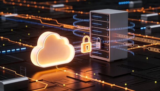 Glowing cloud storage object and secured server rack connected by floating encrypted data streams, luminous padlock binding both, minimalist clean 3D render, dark futuristic backdrop, vivid color sche