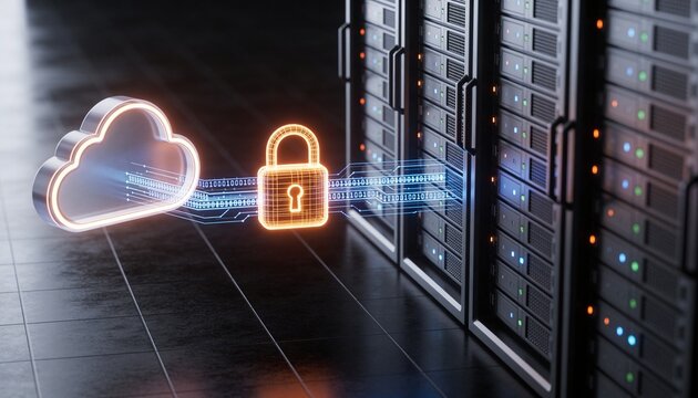 Glowing cloud storage object and secured server rack connected by floating encrypted data streams, luminous padlock binding both, minimalist clean 3D render, dark futuristic backdrop, vivid color sche
