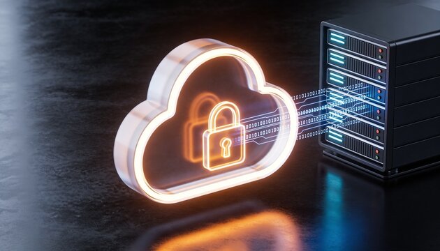Glowing cloud storage object and secured server rack connected by floating encrypted data streams, luminous padlock binding both, minimalist clean 3D render, dark futuristic backdrop, vivid color sche
