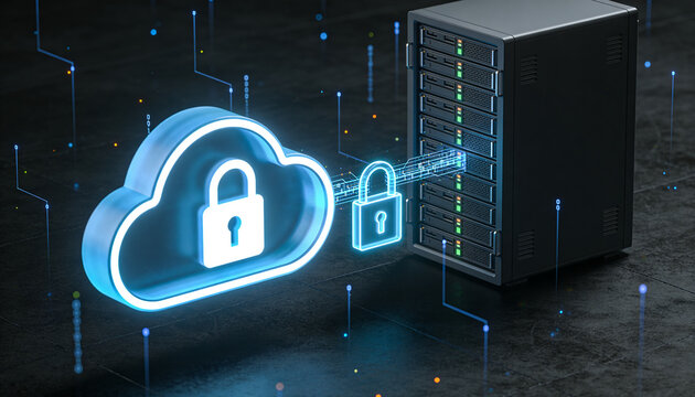 Glowing cloud storage object and secured server rack connected by floating encrypted data streams, luminous padlock binding both, minimalist clean 3D render, dark futuristic backdrop, vivid color sche
