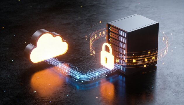 Glowing cloud storage object and secured server rack connected by floating encrypted data streams, luminous padlock binding both, minimalist clean 3D render, dark futuristic backdrop, vivid color sche
