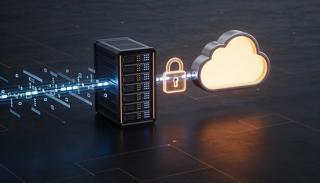 Glowing cloud storage object and secured server rack connected by floating encrypted data streams, luminous padlock binding both, minimalist clean 3D render, dark futuristic backdrop, vivid color sche