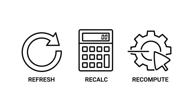 Refresh recalculate recompute icons set for data processing and system actions with recalculate recompute function calculator settings computing calculation software application interface