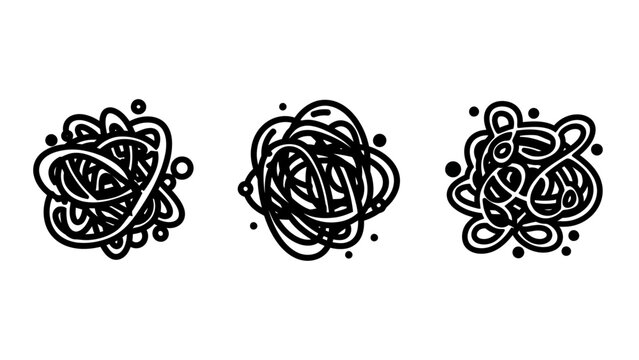 Set of hand drawn tangled line scribbles representing messy thoughts confusion complex problems or brainstorming concepts with abstract circular shapes and dots scribble confusion brainstorming