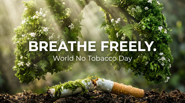 Poster for World No Tobacco Day with a crushed cigarette and leaf lungs. Breathe Freely.