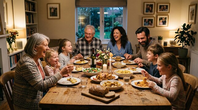 Multi-generational family enjoying a festive spaghetti dinner together around a large wooden table in a cozy, warm home.
