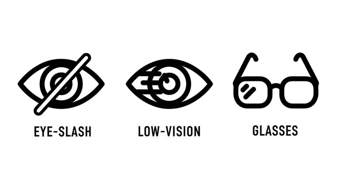 Accessibility icons representing visual impairment low vision and optometry services including eye slash and glasses symbols with accessibility impaired spectacles optometry disability inclusive