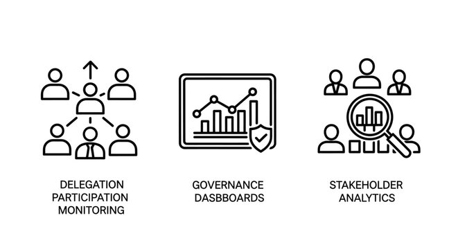 Management and business intelligence icons for delegation monitoring governance dashboards and stakeholder analytics reporting with management business intelligence delegation governance analysis
