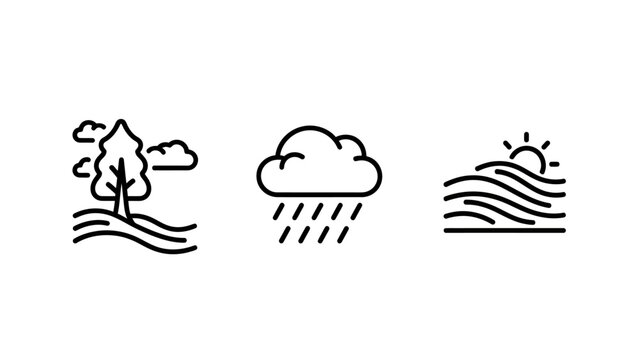 Collection of minimalist outline icons for nature weather conditions rain clouds and ocean sunset landscapes with landscape environment meteorology minimalist illustration moisture precipitation