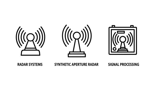 Set of linear icons representing radar systems synthetic aperture radar advanced signal processing technology processing synthetic aperture wireless frequency communication
