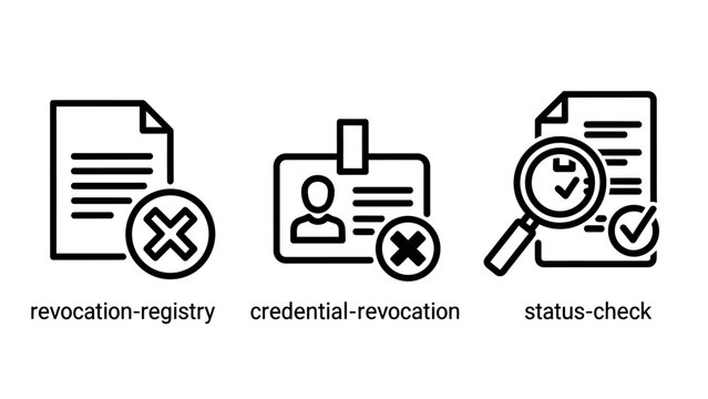 Document security and verification icons for revocation registry credential revocation and status check procedures with verification document credential security registry revocation business