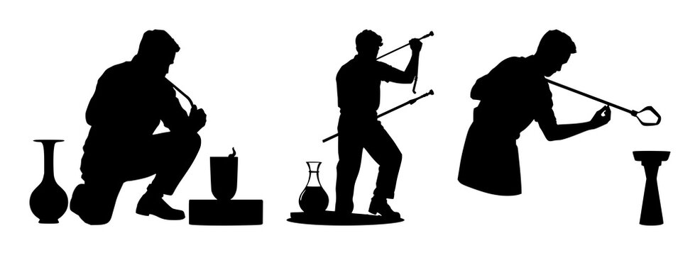 Glassblower silhouette set with black illustration of a glassblower using a blowpipe to shape molten glass featuring artisan craft, molten glass,