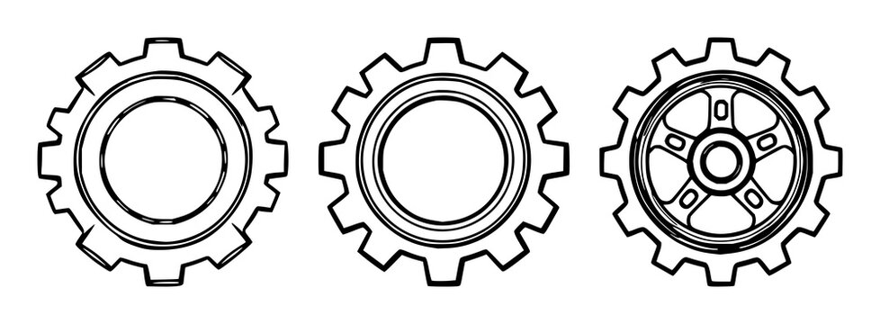 Gear set with black line art style featuring gear, mechanical, engineering symbols with illustration and vector graphics detail