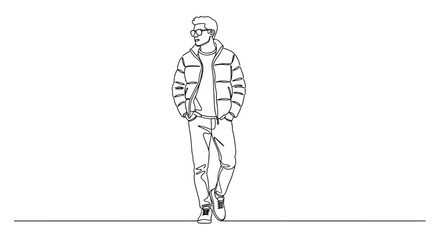 Stylish man in puffer jacket and sunglasses walking line art continuous © Line Galaxy