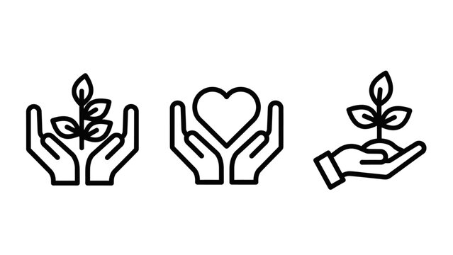 Set of three outline icons showing hands holding a growing plant a heart symbol a small sapling environment protection sustainability kindness illustration minimalist monochrome earthday