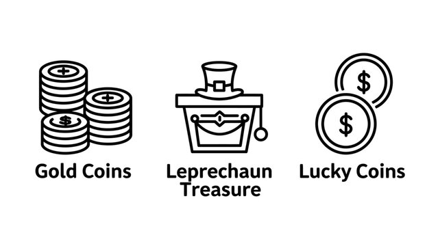 Collection of line art icons depicting gold coins stacks leprechaun treasure pot lucky currency with treasure leprechaun currency investment luckycoins business stpatricks financial shopping