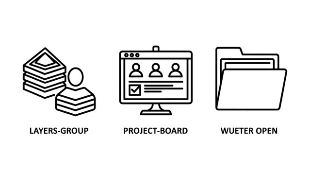 Collection of software development management icons including layers group project board and open file folder with software development management computer workflow planning technology business