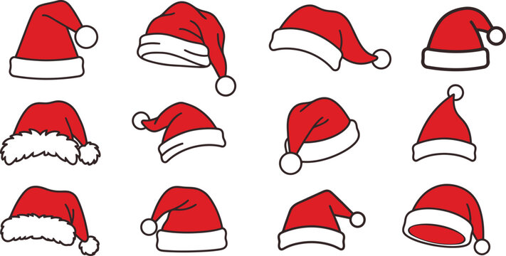 Collection of various santa hats in different positions and styles isolated on white background
