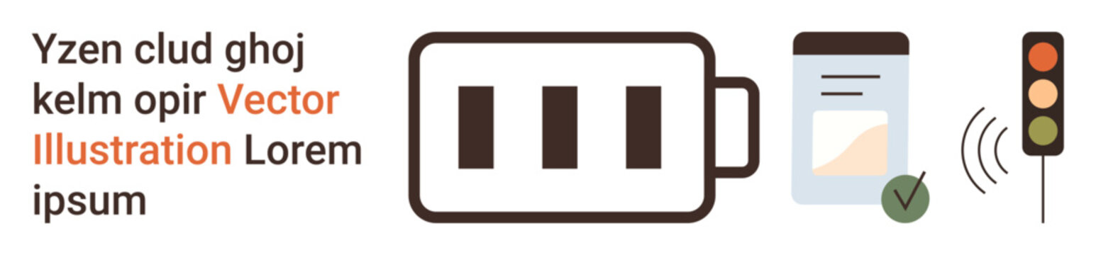 Energy efficiency, data management, wireless technology, communication, signal transmission, and automation. A battery, document traffic light and signal waves. Energy efficiency and data