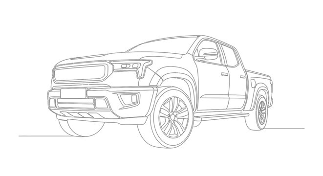 Modern pickup truck front view line drawing with line art, utility vehicle