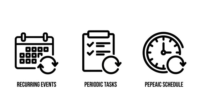 Recurring events and periodic schedule icons with calendar periodic recurring schedule repetition planning management reminder checklist organization workflow productivity frequency