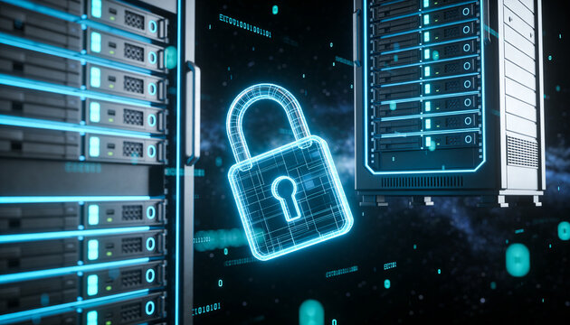 Futuristic minimalist 3D render of a glowing server rack and padlock floating in deep space, surrounded by drifting encrypted particle nebula clouds, cinematic dark background, vibrant digital colors,