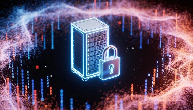 Futuristic minimalist 3D render of a glowing server rack and padlock floating in deep space, surrounded by drifting encrypted particle nebula clouds, cinematic dark background, vibrant digital colors,