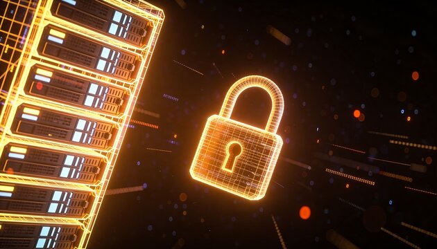 Futuristic minimalist 3D render of a glowing server rack and padlock floating in deep space, surrounded by drifting encrypted particle nebula clouds, cinematic dark background, vibrant digital colors,