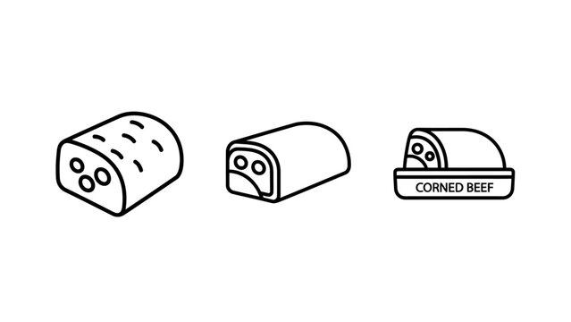 Set of three linear icons illustrating corned beef food products with nutrition processed container isolated illustration monochrome culinary ingredient delicious