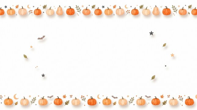 Watercolor halloween pumpkins border with bats and crescent moons