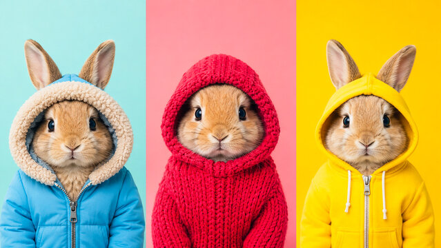 Cute rabbits wearing colorful hooded winter clothes on bright backgrounds.