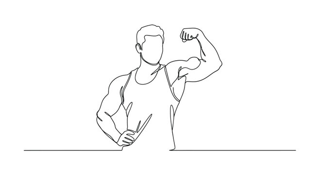 Muscular man posing continuous line art sketch one line white background