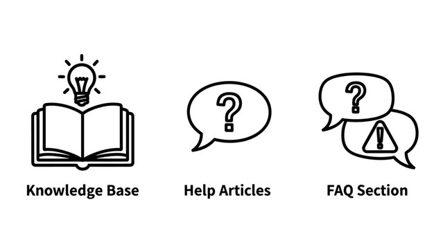 Knowledge base help articles and faq section outline icons with knowledge articles questions information customer tutorial guidance education learning business illustration communication