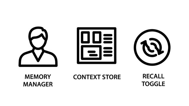 Data management and user memory icon set featuring memory manager context store and recall toggle database interface computer computing software information organization management settings
