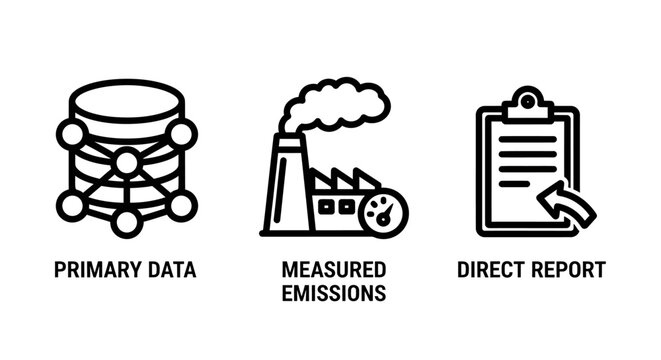 Primary data measured emissions and direct report icon set with emissions industrial pollution environment document clipboard research statistics information analysis measurement industry