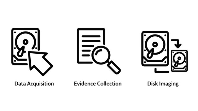 Computer forensics and data investigation icons showing data acquisition evidence collection and disk imaging with forensics acquisition evidence collection computer investigation security