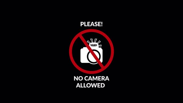 NO Camera Allowed Warning Sign Animation on Transparent background, Photography Prohibited symbol ,Restricted Camera Area Warning Animation in 4K With Alpha Channel