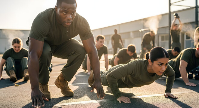Diverse group of soldiers exercising with push-ups in training camp  