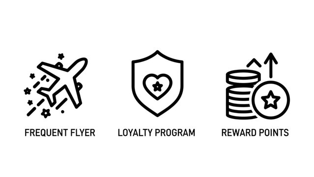 Travel loyalty program and frequent flyer reward points icons with frequent airplane aviation currency membership customer vacation incentive collection commerce marketing business