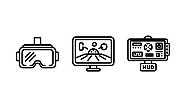 Virtual reality headset and hud display icons with technology simulation interface augmented hardware software innovation technical engineering electronic hologram information projection