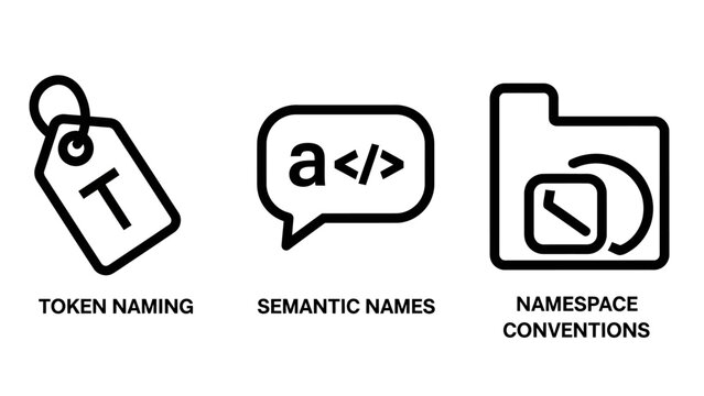 Set of programming and web development icons for token naming semantic names namespace conventions with programming development semantic namespace software computer convention information