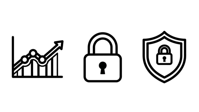 Data security and financial protection icons including growth graph secure padlock and shield with security protection business information internet development performance encrypted guarantee